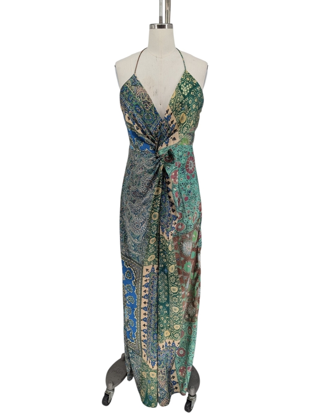 00511 Zara Paisley Satin Wide Leg Jumpsuit Green size Medium bohemian western